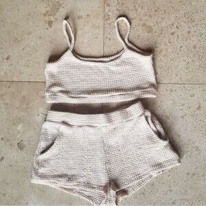 Tan waffle tank top short set (S)